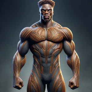 "Visualize Titan, a Nigerian superhero standing an imposing 8 fe...