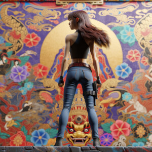 Athletic Thin skinny Attractive, Asian teenage girl, long brown hair and bangs, wearing tight skinny jeans and a halter top paint marks on her clothing, heroic pose Asian graffiti background, backside view