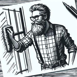 40 year old Bearded man washing windows
Hipster