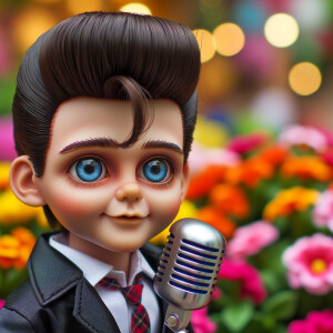 Elvis Presley doll with huge blue eyes flowers in the background