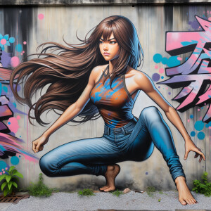 teenage girl, long brown hair and bangs, wearing tight skinny jeans and a halter top paint marks on her clothing, heroic pose Asian graffiti background, nearing on one knee