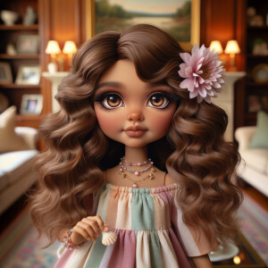 Create an image of a stylized, Latino brown skin doll-like girl seated in a cozy living room with a warm fireplace. She has voluminous, wavy hair cascading over her shoulders, tinted with shades of chestnut and mocha. Her large, expressive eyes are a deep brown, fringed with long, fluttery lashes. A delicate pink flower tucks behind one ear, complementing her youthful glow. She wears a pastel-striped summer dress with soft, flowing fabric that drapes elegantly over her small frame. Around her neck is a dainty necklace adorned with beads and a gentle sprinkle of gemstones reflecting subtle light. In her hand, she holds a pearly seashell as a charming accessory. Behind her, the living room is inviting, with plush furnishings, a mantelpiece adorned with family photos and trinkets, and a crackling fireplace that casts a comforting glow and dancing shadows around the room, enhancing the ambiance of a serene home setting