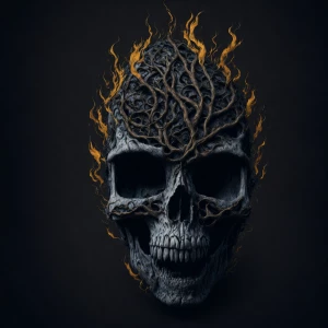 A  skull face emerging from a flame, half alive and half burning...