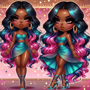 A chibi-style character with rich, warm melanin skin and vibrant...