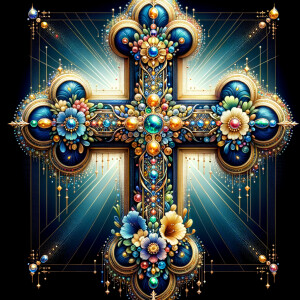Create an image of a majestic cross, larger in size, with a harm...