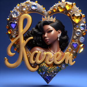 Craft a 3-D image showcasing the name 'KAREN' in a luxurious gol...