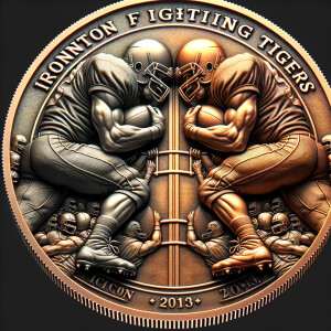 Create a coin, the coin is copper, gold and silver, the coin has two gootball players going head to head.  The coin reads"Ironton Fighting Tigers"