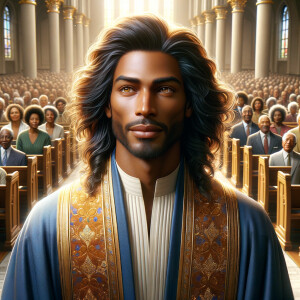 Illustrate an inspiring African-American Jesus crust with a dign...