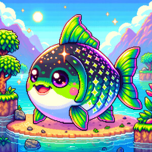 Cute giant purple and neon green piranha