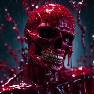 A realistic depiction of a ruby-colored skeleton zombie drenched...