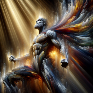 Goku, ultimate form, strength, dynamic lighting, painterly brush...