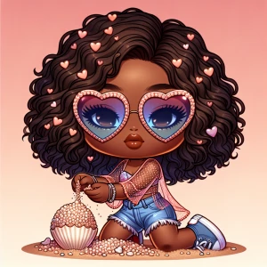 300dpi African accent Caramel-skinned chibi diva in a seashell t...