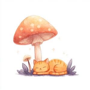 Orange cat stretching lazily under mushroom, kawaii style, paste...