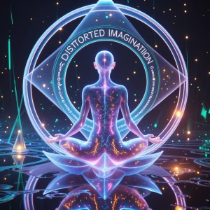A crystalline posthuman floats in
lotus pose, suspended within...