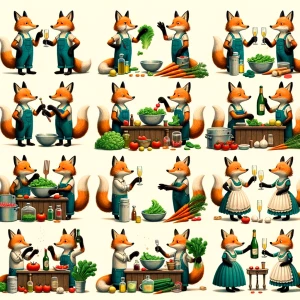 two foxes (one with an overall and one with a petty coat dress)...