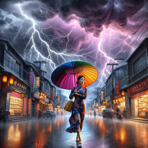 A lady walking doen the sidewalk of a town, carrying an umbrella...