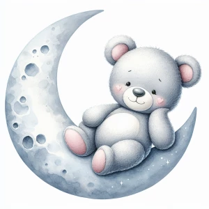 A cute, cartoon teddybear lies on a stylized, soft blue grey crescent moon. The moon shows the crater holes and relief in the surface. The teddy bear is light gray with large, round, pink-spotted ears.  Its body is round and he has expressive eyes.  its facial expression is happy and friendly. The teddy bears posture is relaxed, lying down in the curve of the moon stomach down. his left leg and arm are hanging down. The moon is a soft, shaded blue, with watercolor-like texture and subtle shading. The background is white. The image is in a child-friendly style, showcasing delicate line work and color palettes. The composition is centered on the teddy bear which is positioned lying  face down on  the moon, giving the moon a hug with closed eyes. The overall style is sweet, whimsical, and reminiscent of children's book illustrations.  The colors are pastel and soothing, creating a gentle atmosphere.