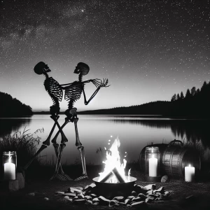 Compose an image of a skeletal couple engaged in a dance by a se...