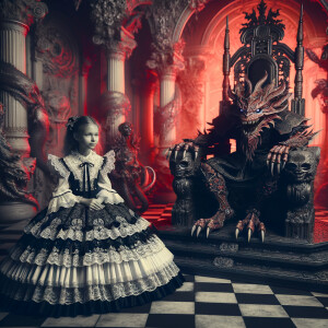 A girl with elegant gothic lolita dress sit beside Lucifer on the throne, red background