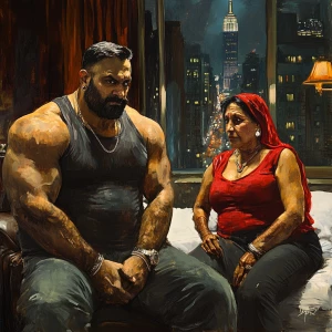 realism art style.A sweaty beefy muscular man sitting with his 5...