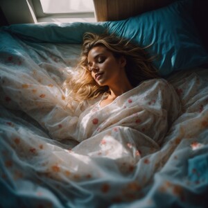 Full body shot from above of a Beautiful woman waking up laying...