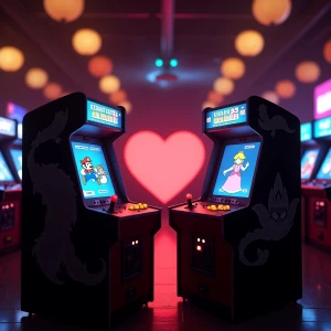 /imagine prompt: cinematic 1980s neon arcade, two vintage arcade...