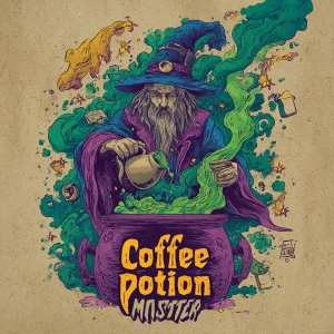 /imagine hand-drawn wizard in cloak brewing coffee in a cauldron...