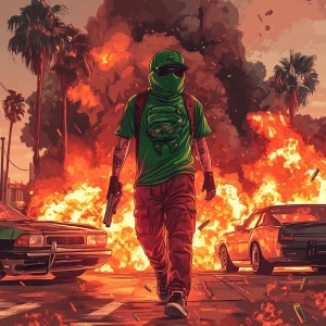 PEPE meme.walking away from cars exploding, 90's clothing, holdi...