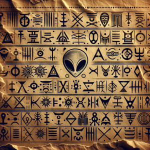 Alien letters on aged parchment, alien symbols, alien alphabet,...