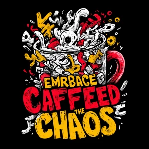 /imagine hand-drawn coffee cup overflowing with chaotic elements...