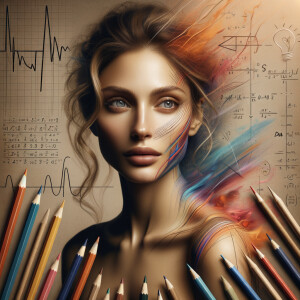 Abstract, minimalist, painting, with pencil line, paint stroke, gestures, colorful marks, mathematical equations, electrical cardiogram, printouts complex math formulas, dna asian teen girl