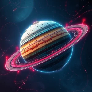 A pulsating Techno-Saturn, its rings made up of distorted circui...