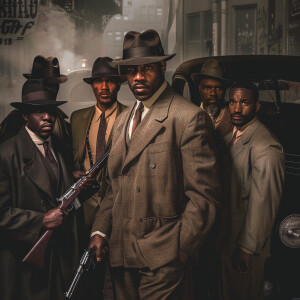 **Visual Prompt for a Group of 1940's G-Men Led by Delroy Lindo:...