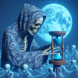 Generate an image of a skeleton wearing a blue paisley print hoo...