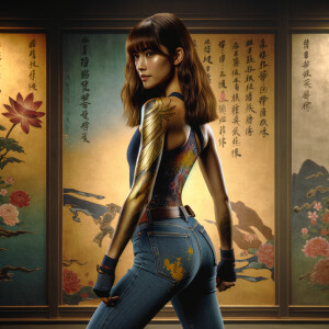 Athletic Thin skinny Attractive, Asian teenage girl, long brown hair and bangs, wearing tight skinny jeans and a halter top paint marks on her clothing, heroic pose Asian graffiti background, backside view