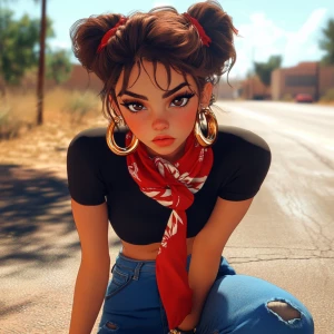 girl with brown hair, thick eyebrows, pumped up lips, potato nos...