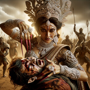 portrait of intense looking, muscular beautiful goddess durga carrying a short weak mahishasur and stabbing him with her red fingernails. She is wearing diamond saree, diamond armor, a huge diamond crown, abundant diamond jewelry. The scene is set in a dry landscape.  blood everywhere. The image is 8K resolution, cinematic, ultra detailed face and epic.