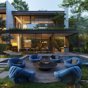 A luxurious modern house with a stylish backyard featuring a cir...