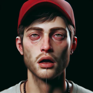 Generate a hyper-realistic portrait of a man waring a red baseba...