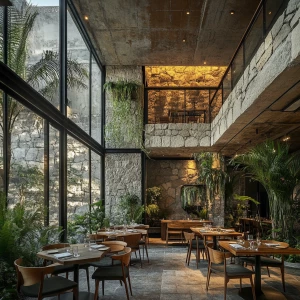 Double height indoor outdoor restaurant with big stone walls and...