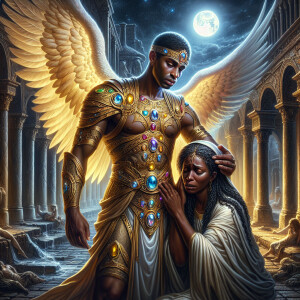 Create an oil painting image featuring a male angel and a grievi...