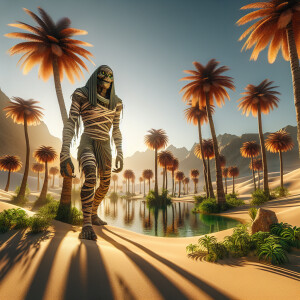 3D, hdr, realistic Egyptian mummy troll walking in a beautiful d...