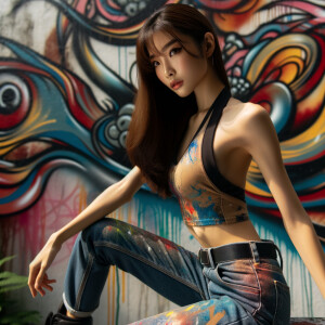 Very thin Athletic Thin skinny Attractive, Asian teenage girl, long brown hair and bangs, wearing tight skinny jeans and a halter top paint marks on her clothing, sitting side view heroic pose Asian graffiti