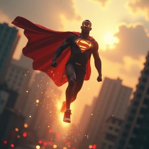 Create an image of a Nigerian superhero with glowing eyes dramat...