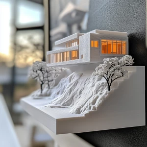 3D printed scale model of a modern house being displayed as art on a wall