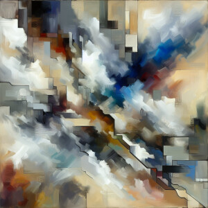 Describe an abstract painting in stunning faint shades of gray,...