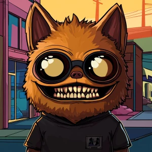 Stylized character portrait of a mischievous designer toy creat...