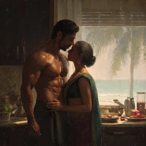 Hyperrealism.a muscular sweaty indian man standing behind and...