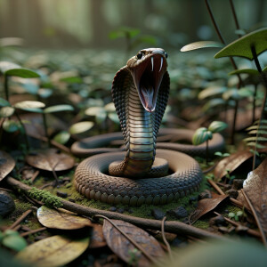 "King cobra snake coiled defensively with mouth agape and fangs...