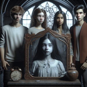 Four teenagers are standing in a dark gloomy room. The figure of...